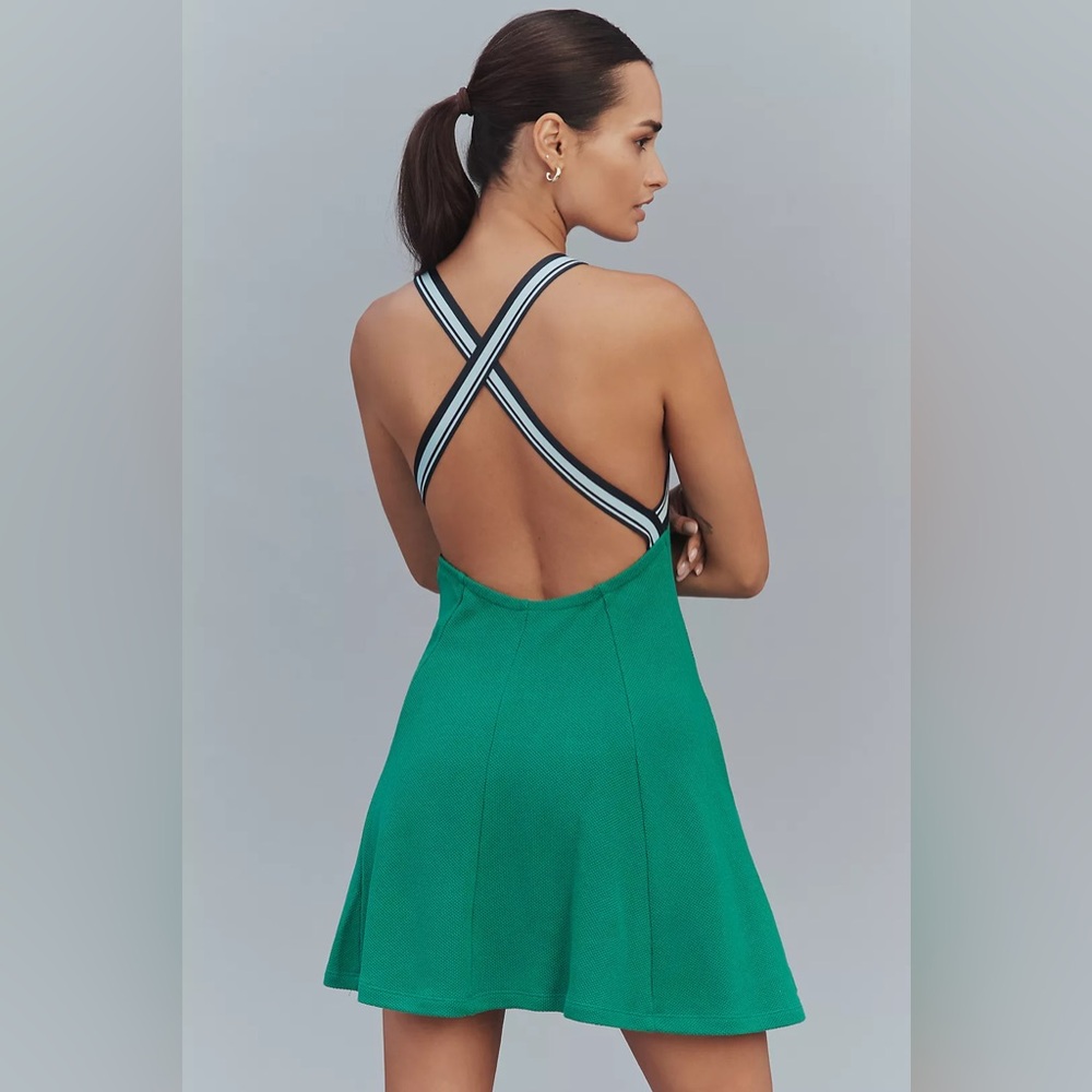 Anthropologie Green Backless Dress with Striped Crossback Straps